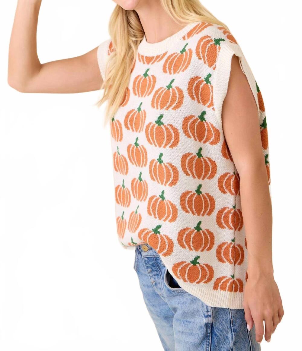 NEW MAIN STRIP pumpkin print sleeveless sweater knit top in ivory/orange - Picture 4 of 7